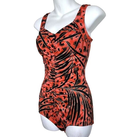 Maxine Sz 16 Gathered Front One Piece Swimsuit Red Orange Animal Print Shapewear - Picture 2 of 14